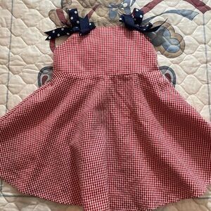Red Gingham Dress with Navy Polka Dot Bows
